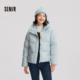 森马（Semir）羽绒服女轻松羽绒纯色宽松百搭2024冬三防连帽面包服 粉蓝（白鸭绒）80081 155/80A/S