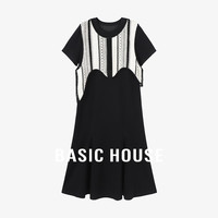 百家好（Basic House）撞色休闲夏季不规则上衣短袖连衣裙两件套B0624S5V382 黑色 S