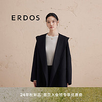 ERDOS【纯羊绒】24秋冬廓型宽松连帽大衣显瘦双面毛呢女毛呢大衣 黑 165/84A/M