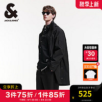 杰克·琼斯（JACK&JONES）秋季连帽中长款风衣外套男士宽松舒适潮流时尚字母刺绣装饰外套男 E40 黑色 185/104A/XL