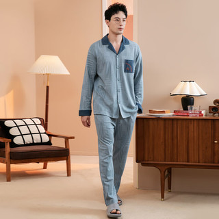 芬腾睡衣男士【100%棉】2024早秋拼色翻领英文印花家居服套装长袖开衫 灰