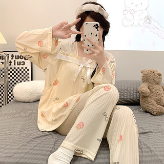 婧麒月子服春秋哺乳产后空调服喂奶夏季家居服睡衣套装 杏色蝴蝶结Jsy148371 XXXL