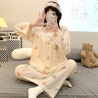 婧麒月子服春秋哺乳产后空调服喂奶夏季家居服睡衣套装 杏色蝴蝶结Jsy148371 XXXL