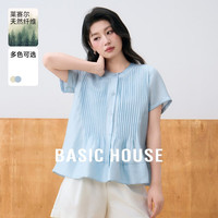 Basic House/百家好莱赛尔蓝色短袖衬衫2024夏压褶娃娃衫圆领上衣 浅蓝色 L