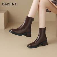 达芙妮（DAPHNE）中粗跟短筒时装皮靴女秋冬款欧美风时尚百搭切尔西拉链短靴瘦瘦靴