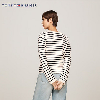 TOMMY HILFIGER24新款秋冬女纯棉休闲条纹双排扣V领开衫肌理感针织衫43184 米白黑条纹04R