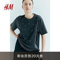 H&M2024夏季女装缀饰T恤1254675 深灰色 155/76