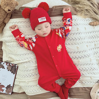 婧麒(JOYNCLEON)满月宝宝衣服春秋款婴儿红色连体衣新生百天周岁过年睡衣 貔貅护主 90cm