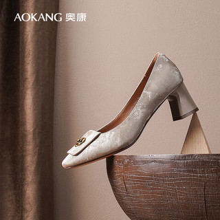 奥康（Aokang）女鞋 2024秋季国风中式山茶花粗跟浅口单鞋 香槟 1242211051 38