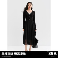 太平鸟 长袖拼接连衣裙春秋假两件针织长裙洋气V领裙子