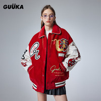 古由卡(GUUKA)潮牌休闲喜庆创意棉服女冬 蛇年贺岁棒球服外套宽松百搭 红色 XS