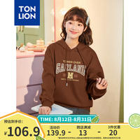 唐狮(TonLion)2024早秋连帽卫衣女字母印花潮流时尚落肩卫衣简约学院风dx 咖啡 XL