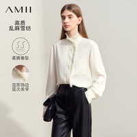 AMII2024秋优雅通勤拼接流苏立领衬衫女乱麻雪纺衬衣宽松12443076 米色 170/92A/XL