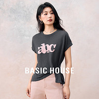 Basic House/百家好撞色字母冰丝针织衫夏季薄款刺绣短袖上衣2024 岩灰色 M