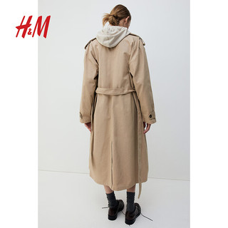H&M女装2024秋季新款时尚风衣简约英伦风斜纹布双排扣大衣1209988 浅米色 1