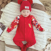 婧麒(JOYNCLEON)满月宝宝衣服春秋款婴儿红色连体衣新生百天周岁过年睡衣 福龙飞天 80cm