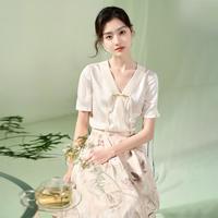 香影 X.YING【2024时尚夏新装】新中式v领衬衫女泡泡袖衬衣盘扣提花国风上衣