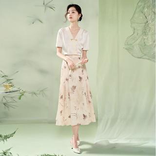 香影 X.YING【2024时尚夏新装】新中式v领衬衫女泡泡袖衬衣盘扣提花国风上衣