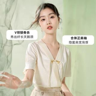 香影 X.YING【2024时尚夏新装】新中式v领衬衫女泡泡袖衬衣盘扣提花国风上衣
