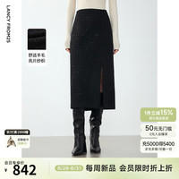 朗姿羊毛直筒设计感气质开叉半裙女2024冬季高级感通勤半身裙 黑色 S
