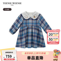 Teenie Weenie Kids小熊童装24秋季新款女宝蕾丝边翻领格纹连衣裙 蓝色