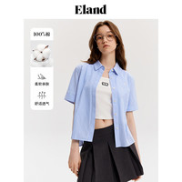 ELAND衣恋纯棉短袖衬衫女蓝条纹翻边袖口学院风上衣2024夏季新款 浅蓝色(51)L/Blue