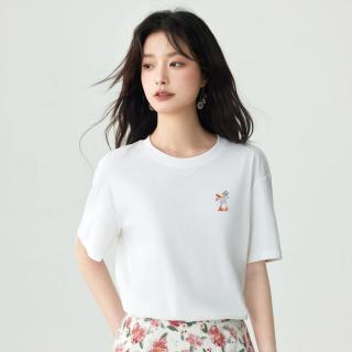 趣味兔子绣花短袖T恤女2024夏季宽松百搭舒适休闲上衣