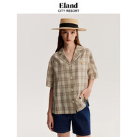 ELAND衣恋衬衫女夏款学院风翻领格纹刺绣印花上衣女 军绿色(49)Khaki XS/155