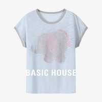 Basic House/百家好夏季新款休闲百搭个性设计感小象短袖针织衫女 蓝色