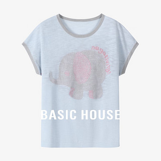 Basic House/百家好夏季新款休闲百搭个性设计感小象短袖针织衫女 蓝色