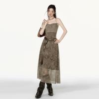 吊带连衣裙2024秋季修身绑带设计感晕染印花改良版国风长裙