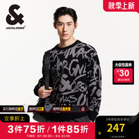 杰克·琼斯（JACK&JONES）男装衣服秋冬圆领男士毛衣雪尼尔字母织花满印长袖套头针织衫男