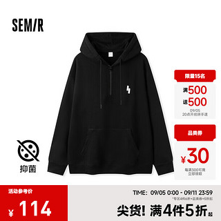 森马（Semir）卫衣男发热抑菌2024冬季半开襟连帽印花休闲装时尚校园风 黑色90001 160/80A/XS