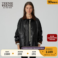 Teenie Weenie小熊撞色皮衣女2024冬季新款女外套 黑色 1