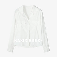 Basic House/百家好纯色通勤百搭早秋休闲风V领长袖开衫衬衫 月光白 XL