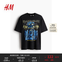H&M2024夏季男装上衣时尚休闲百搭宽松版印花T恤1225609 黑色/Iron Maiden 180/124 XXL