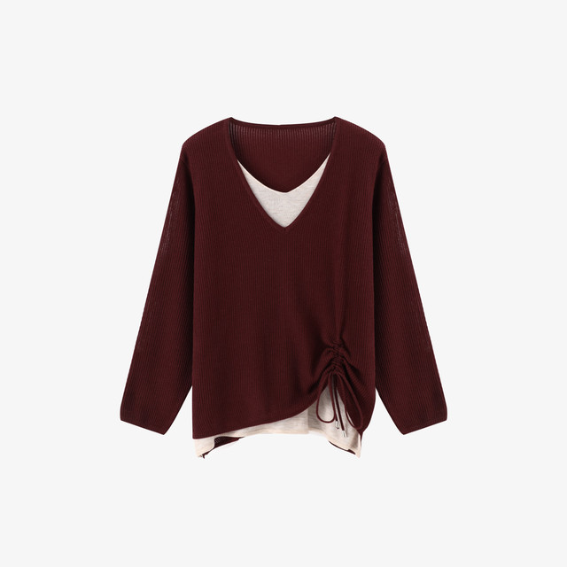 百家好 休闲早秋假两件侧边系带收腰显瘦长袖针织衫女-B0624S5F602 酒红 L（120-140斤）