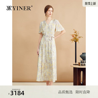 音儿（YINER）【真丝系列】YINER音儿2024秋季桑蚕丝横斜绉V领碎花连衣裙 烟灰紫 40