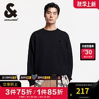 杰克·琼斯（JACK&JONES）男装秋季舒适胸前法斗犬贴布绣长袖纯棉宽松卫衣男潮流套头衫 E40 黑色 175/96A/M