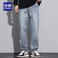 罗蒙（ROMON）直筒阔腿牛仔裤男2024秋季中青年时尚休闲百搭弹力长裤男 水泥蓝 M