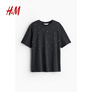 H&M2024夏季女装缀饰T恤1254675 深灰色 165/96