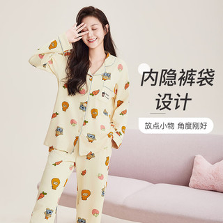 芬腾睡衣女【100%纯棉】2024秋季包边翻领少女卡通休闲长袖家居服套装 米黄