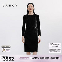 朗姿/LANCY2024秋丝绒气质收腰高级钻扣连衣裙女 黑色 3XL