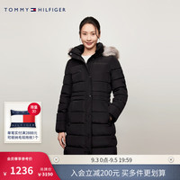 TOMMY HILFIGER女装休闲通勤圆章刺绣中长款毛领连帽铺棉外套TG001892