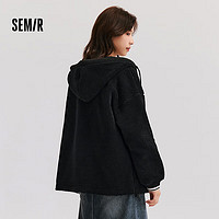 森马（Semir）外套女仿羊羔毛摇粒绒双面穿宽松2024冬连帽夹克撞色简约 黑色90001 XS 150/76A