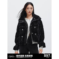 太平鸟女装丝绒闪片羽绒服冬新款立领保暖面包服休闲外套90白鸭绒 黑色