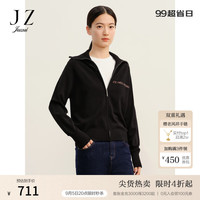 玖姿(JUZUI)运动风翻领拉链毛衫外套女JWDQ30620 花黑 3XL