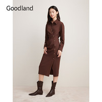 音儿（YINER）Goodland美地2024秋季新款法式解构捏褶斜裁开衩衬衫连衣裙 深咖