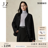 玖姿·安娜蔻优雅通勤淑女小香风宽松黑色羊毛外套女2024冬季新款 素黑