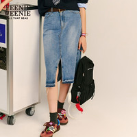 Teenie Weenie【天丝混纺】小熊2024年早秋牛仔半身开叉中裙女 中蓝色 160/S